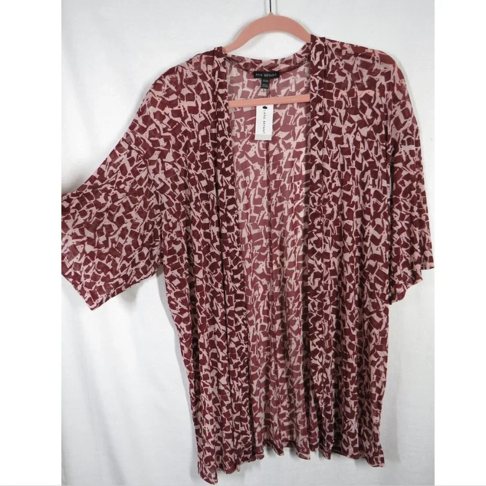 Lane Bryant Burgundy Abstract Print Open Front Kimono Mesh Cardigan Plus 22-24